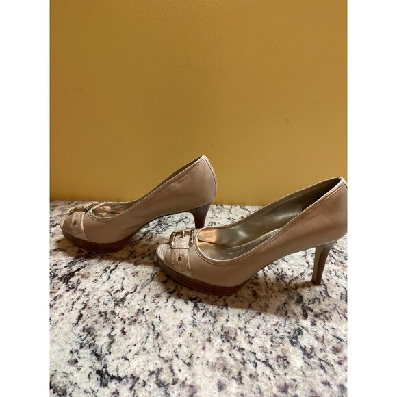 Alfani Pacific Nude Leather Peep Toe Heels 8M Buckle Accent Pumps - Picture 8 of 9